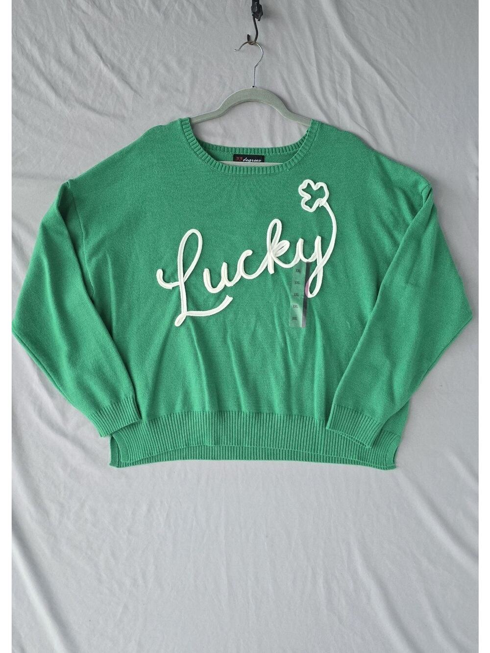33 Degrees Sweater Womens XXL Green Lucky Shamrock Crew Neck Pullover Knit
